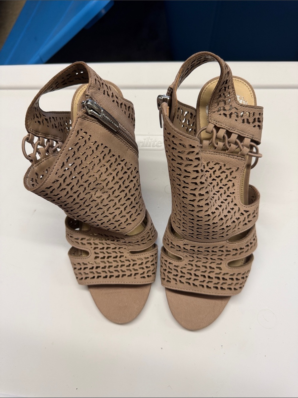 Vince Camuto Perforated Open-Toe Heeled Sandals in Taupe